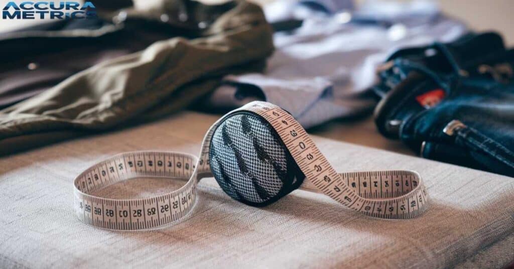 Tape measure and size notes for clothing measurements on a desk.