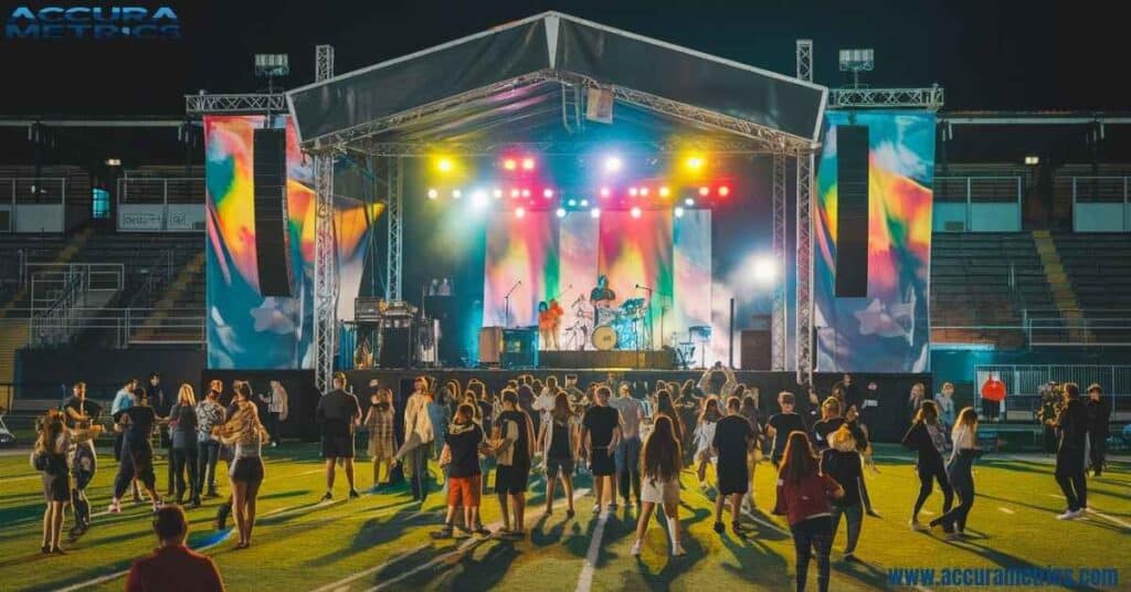 A nighttime concert with bright lights and an excited crowd.