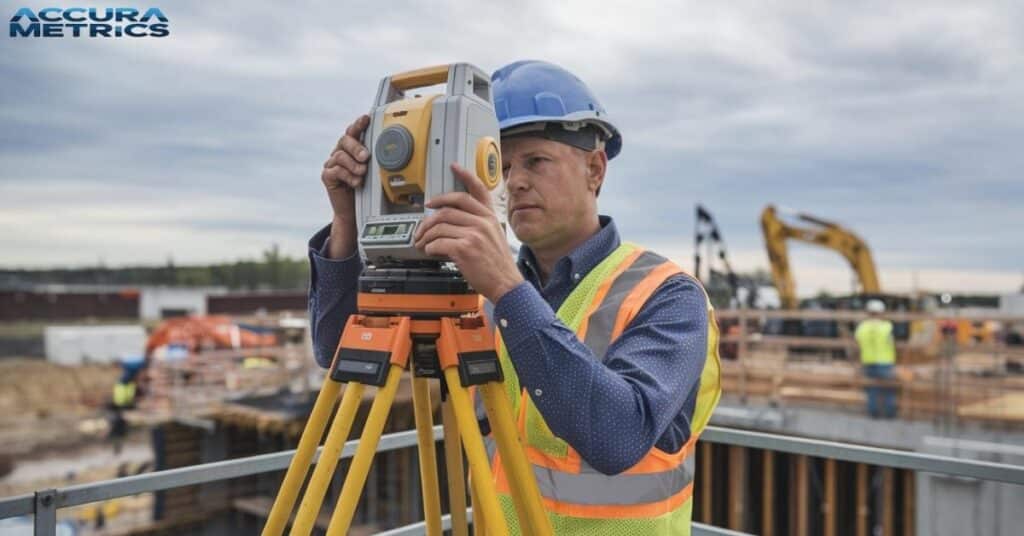 Surveyor with a total station conducting precise land measurement for development.