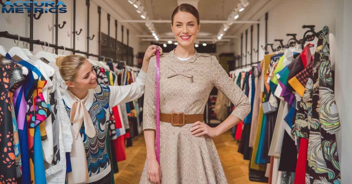 Tailoring a dress measurement in a boutique, focusing on the perfect overall length for a flattering fit.