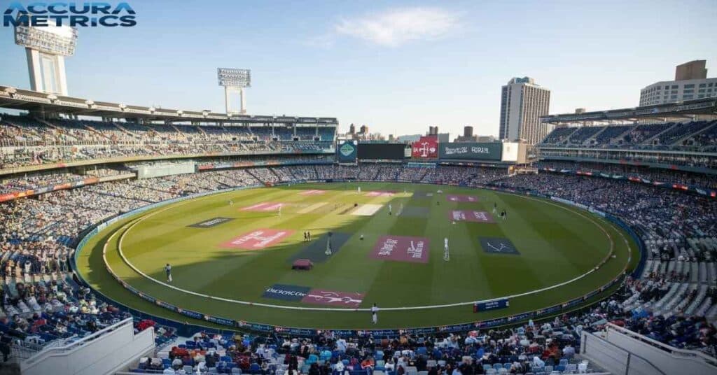 erial view of New York Cricket Stadium filled with spectators during a live cricket