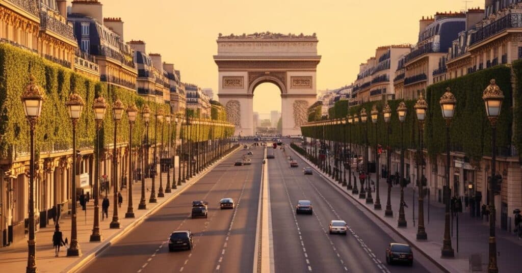 A street level view emphasizing the 50 kilometer scale of the famous Champs-Élysées in Paris, France.