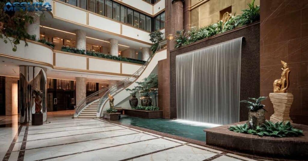 grand atrium with its stunning 80 foot indoor waterfall.