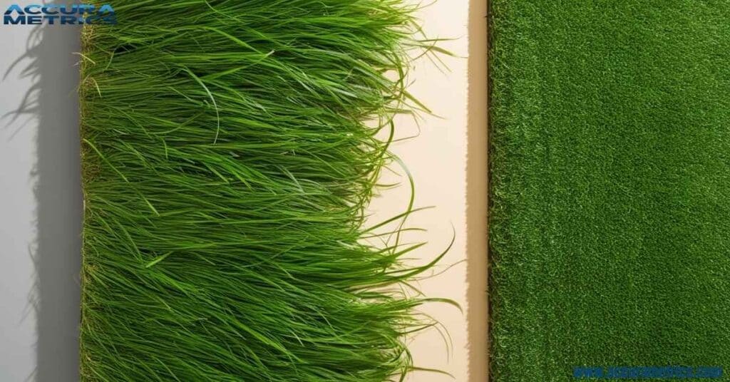 Side by side comparison of natural grass and artificial turf on a field.