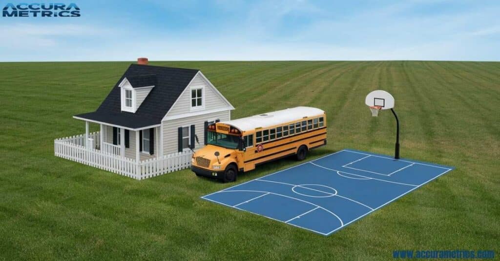 A house, school bus, and basketball court arranged on a grassy field to illustrate size comparisons.