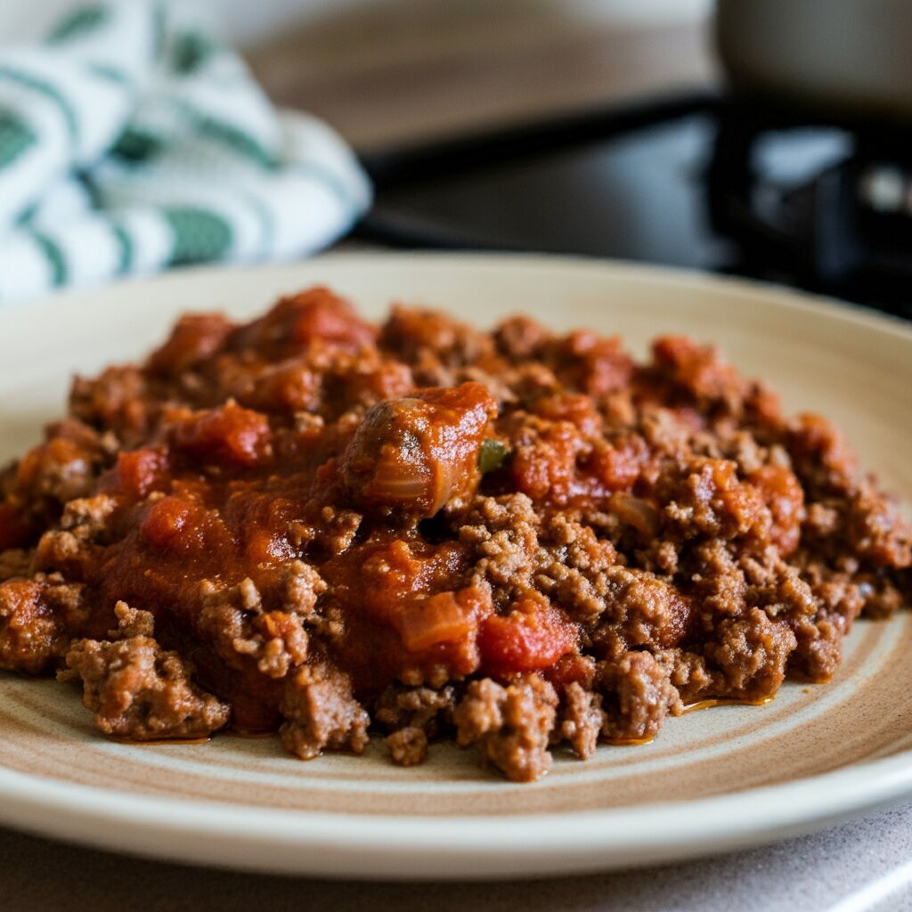 Carnivore Chili Professional shot of carnivore chili in a ceramic plate, with a hand holding a spoonful of chili above it, placed on a dark wooden table with garnishes nearby.