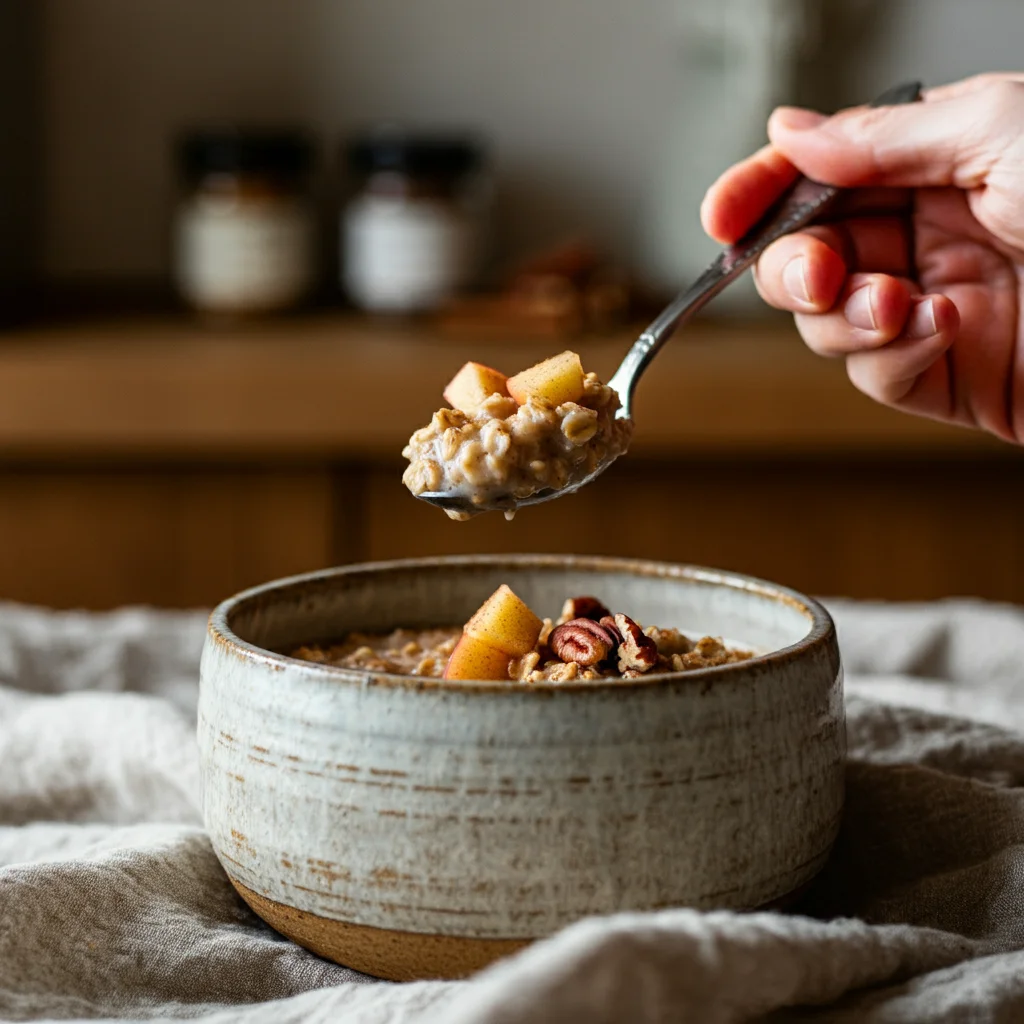 Warm Apple Cinnamon Oatmeal Close-up of a hand holding a spoonful of Warm Apple Cinnamon Oatmeal above a ceramic bowl. Soft natural light highlights apple and pecan toppings, with a cozy kitchen background.