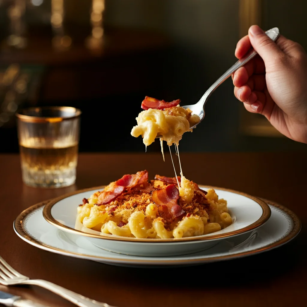 Baked Mac and Cheese Hand holding a spoonful of creamy Baked Mac and Cheese with Bacon served on a white plate with a gold rim, with a blurred elegant table setting in the background.