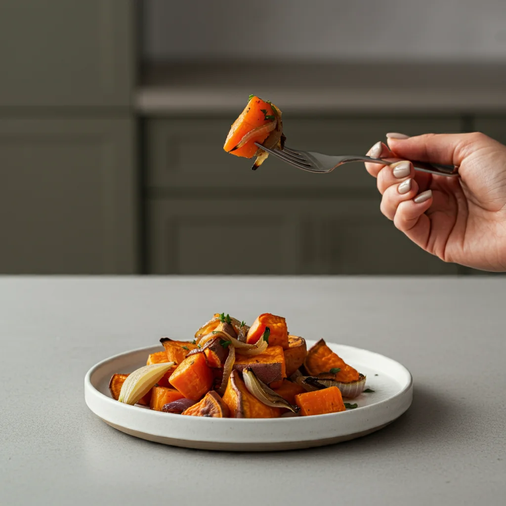 WW Roasted Sweet Potatoes Hand holding a fork with roasted sweet potato over a white plate garnished with parsley on a minimal countertop.