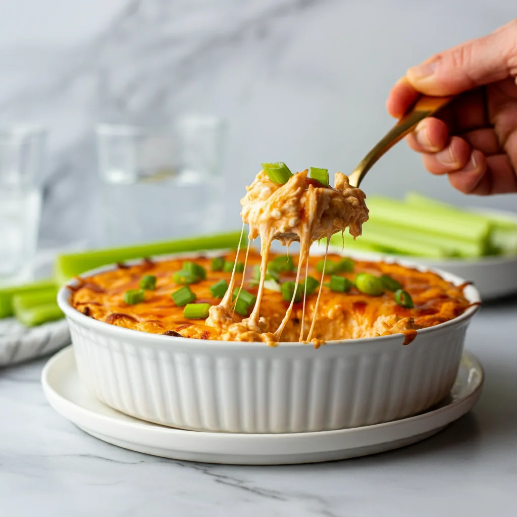 Keto Buffalo Chicken Dip Hand holding a spoonful of cheesy Keto Buffalo Chicken Dip from a white plate, garnished with green onions, with celery sticks in the background.
