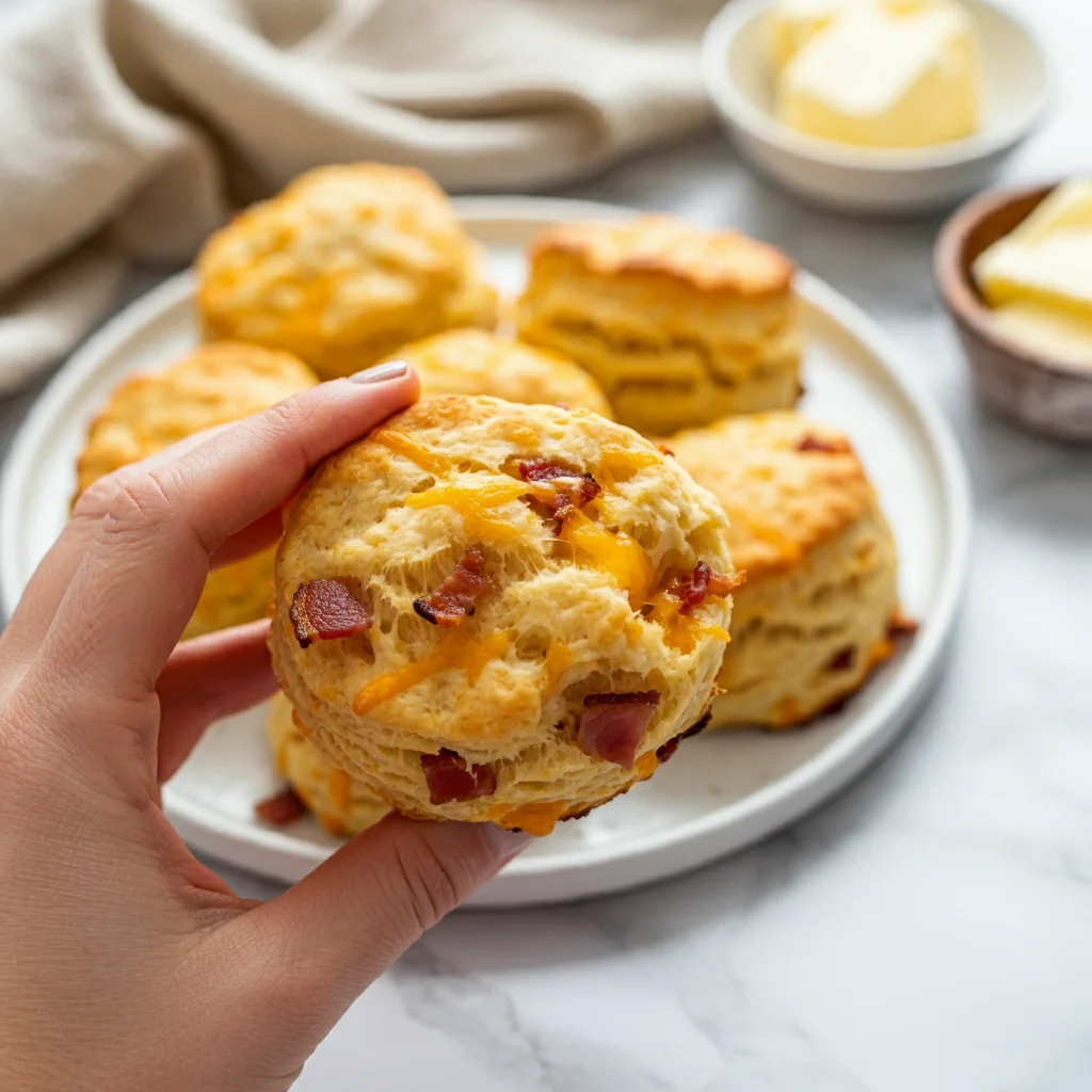 Keto Bacon & Cheese Biscuits Hand holding a Keto Bacon and Cheese Biscuit, showing fluffy interior with bacon and cheese, with more biscuits on a white plate in a styled background.
