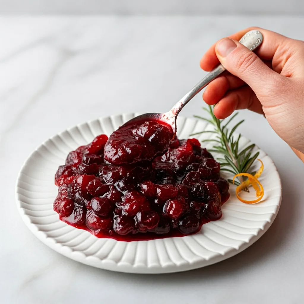 Keto Cranberry Sauce Hand holding a spoon of keto cranberry sauce over a white plate, garnished with rosemary and orange zest on a marble surface.