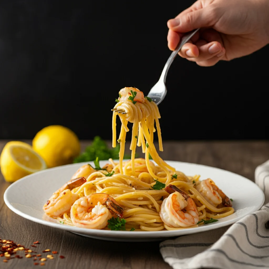 WW Shrimp Scampi Pasta Close-up of a fork twirling Shrimp Scampi Pasta with shrimp and buttery garlic sauce, on an elegant white plate with parsley and lemon wedges in the background.