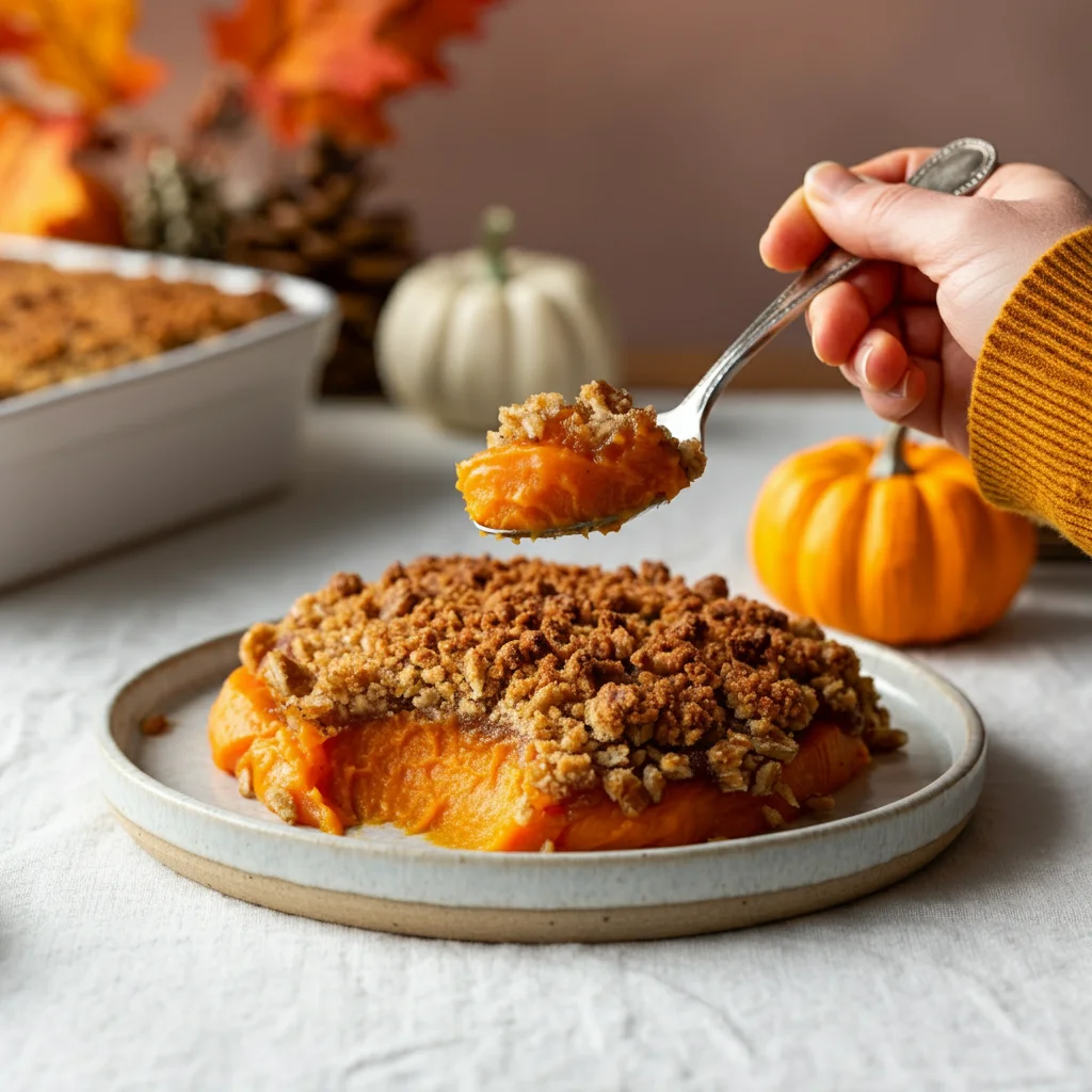 WW Sweet Potato Casserole A plated serving of WW Sweet Potato Casserole with a hand holding a spoon, highlighting creamy filling and crunchy topping on a white tablecloth.