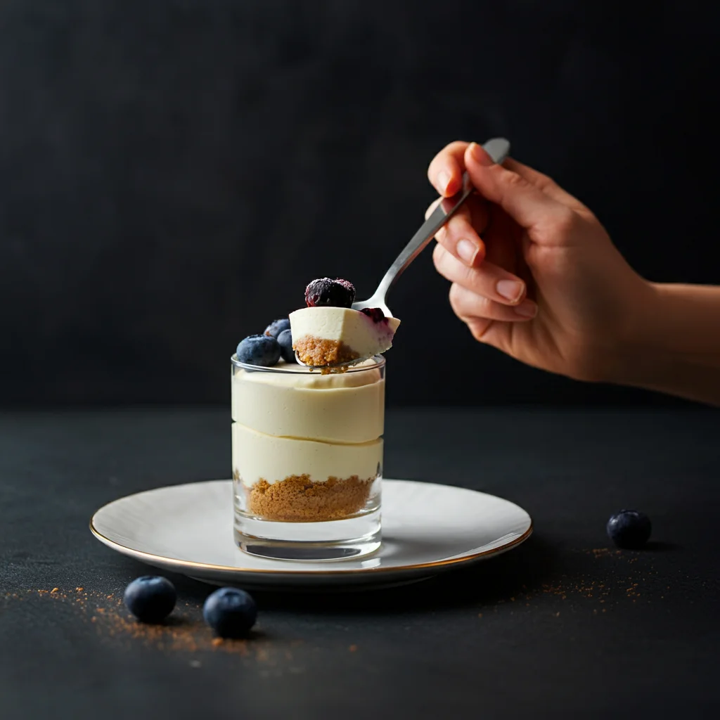 Ultimate Fluffy Keto Cheesecake Professional-style photo of keto fluffy cheesecake on a white plate with a hand holding a spoon, topped with fresh berries.