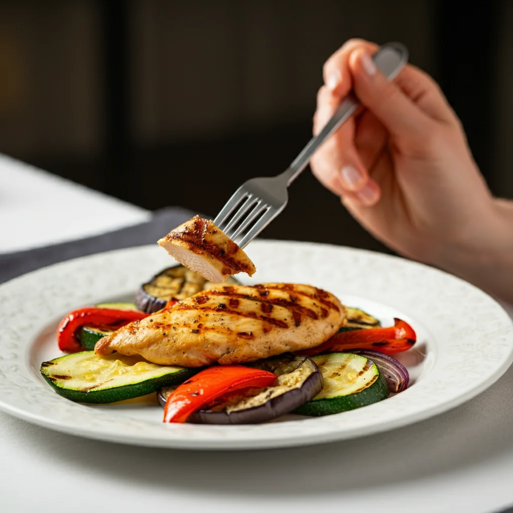WW Grilled Chicken with Seasoned Vegetables Professional close-up of WW Grilled Chicken with Seasoned Vegetables on a white plate, with a hand holding a fork, highlighting grilled chicken and veggies.