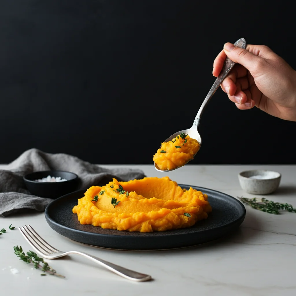 Mashed Butternut Squash with Apples Hand holding a spoon of mashed butternut squash over a black plate, styled with thyme and minimal props on a marble table.