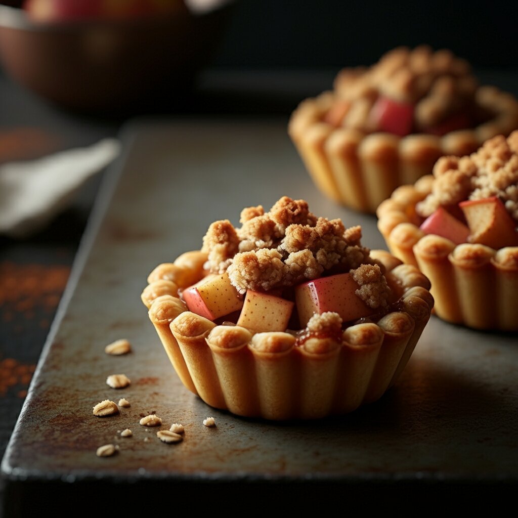 MINI APPLE PIE TARTS "Side-angle close-up of a mini apple pie tart on a wooden counter, showcasing its flaky crust and crumbly oat topping with blurred background details of apples and a mixing bowl."