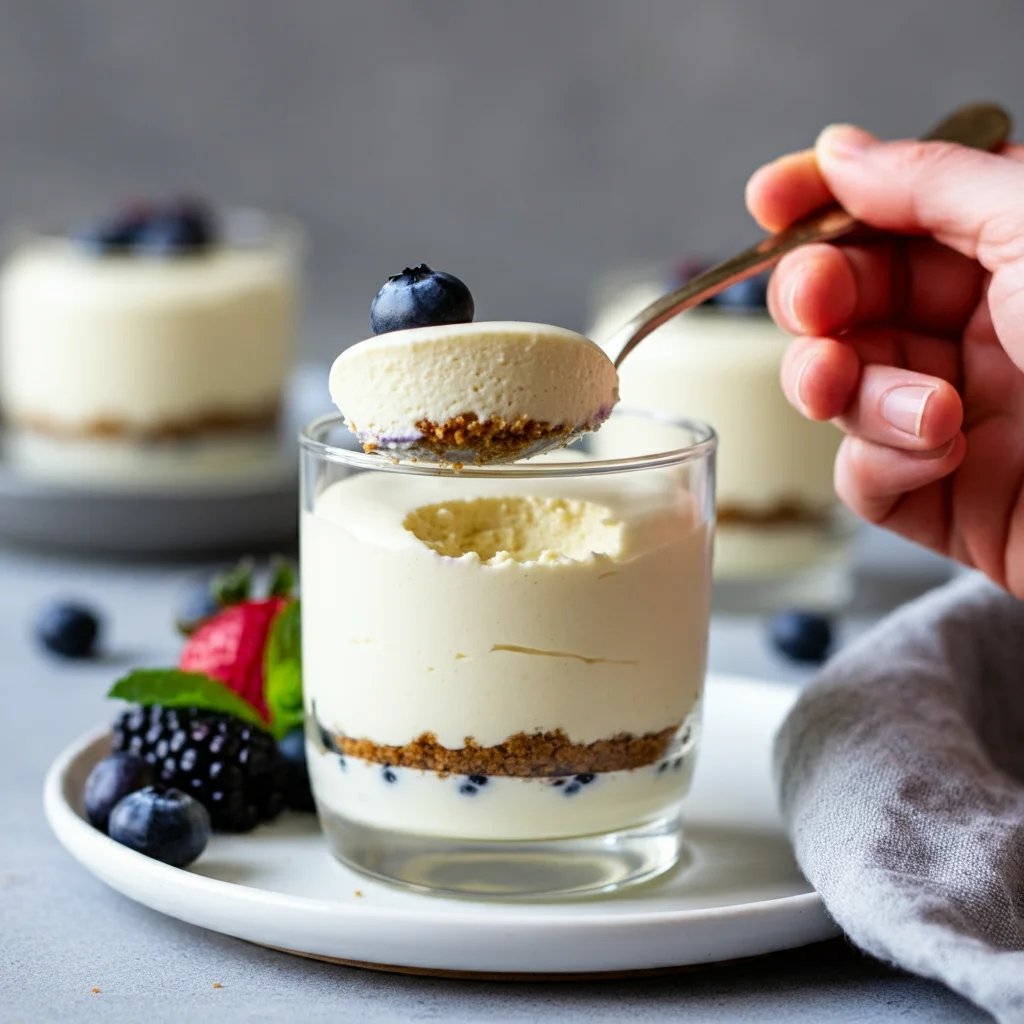 Keto Fluffy Cheesecake Close-up of a hand holding a spoonful of creamy Keto Cheesecake Mousse topped with a blueberry, with the rest of the mousse elegantly served in a glass cup on a white plate.