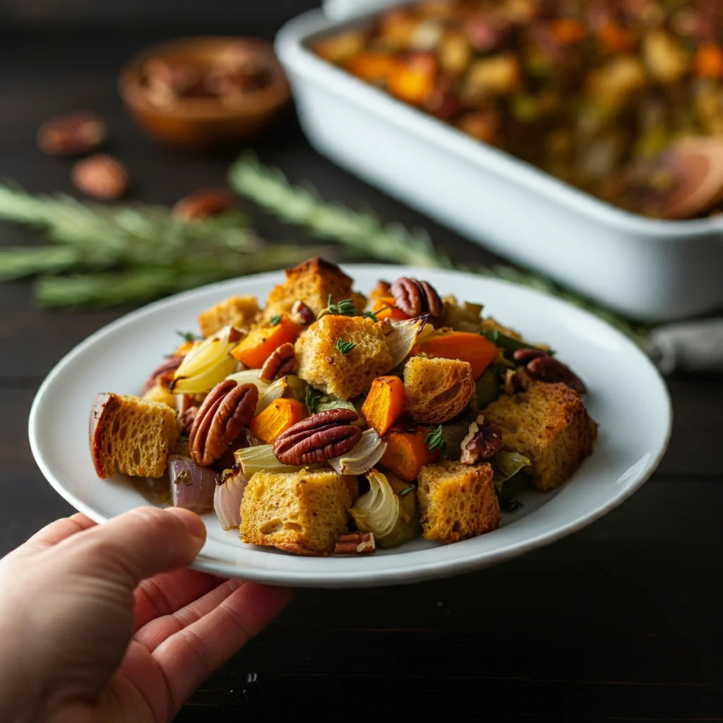 Roasted Vegetable & Herb Stuffing Hand holding a plate of roasted vegetable and herb stuffing, with a casserole dish blurred in the background.