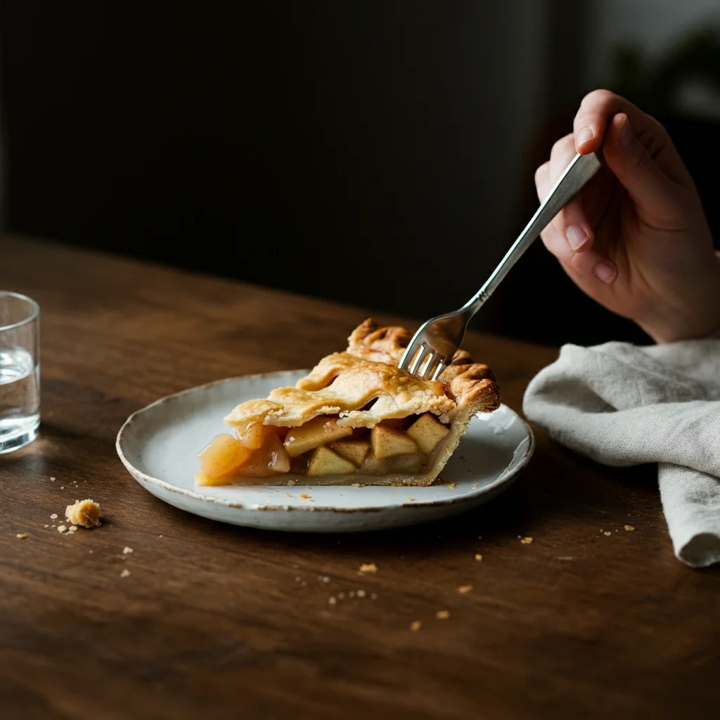 Granny Smith Apple Pie Slice of Granny Smith apple pie on a white plate, with a hand holding a fork ready to take a bite, set on a wooden table with simple decor.