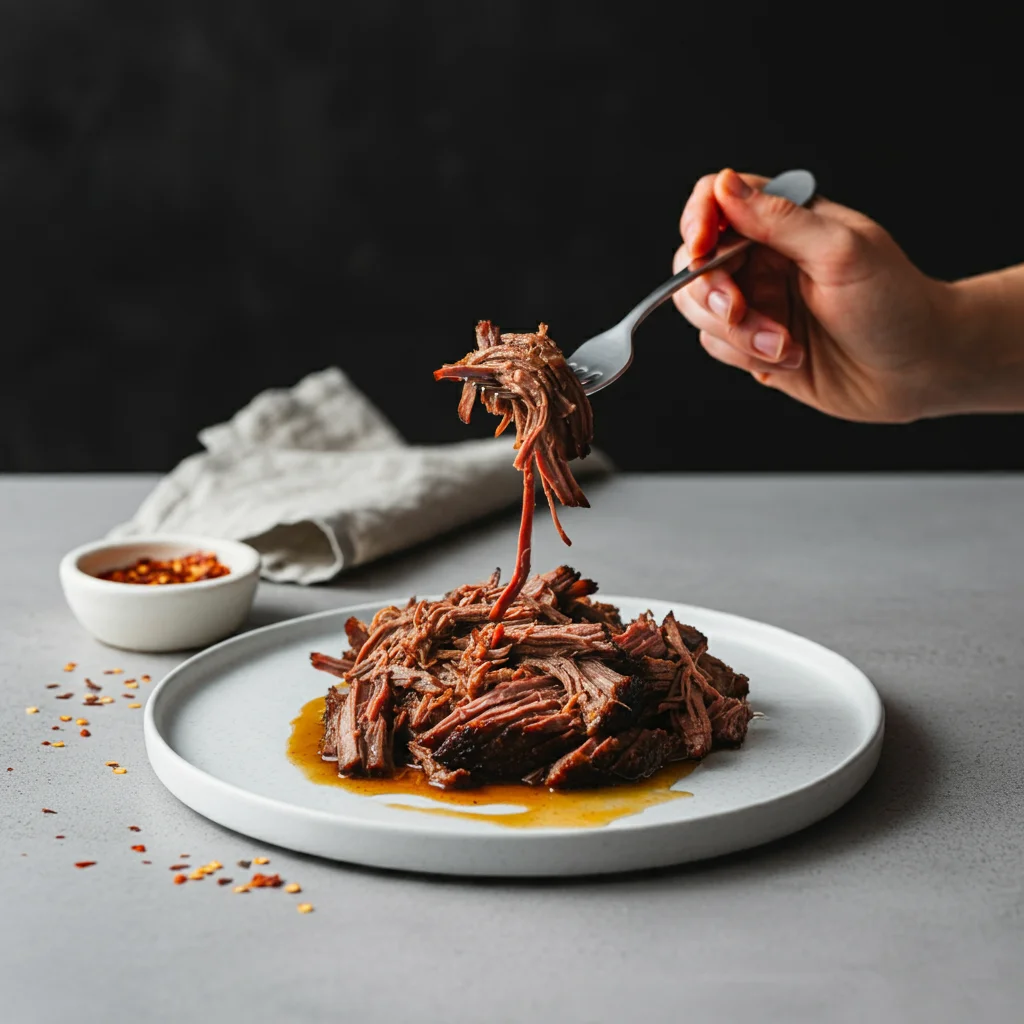 Carnivore Chuck Roast Shredded carnivore chuck roast on a white plate, a hand lifting a piece with a fork, with buttery juices and a wine glass in the background.