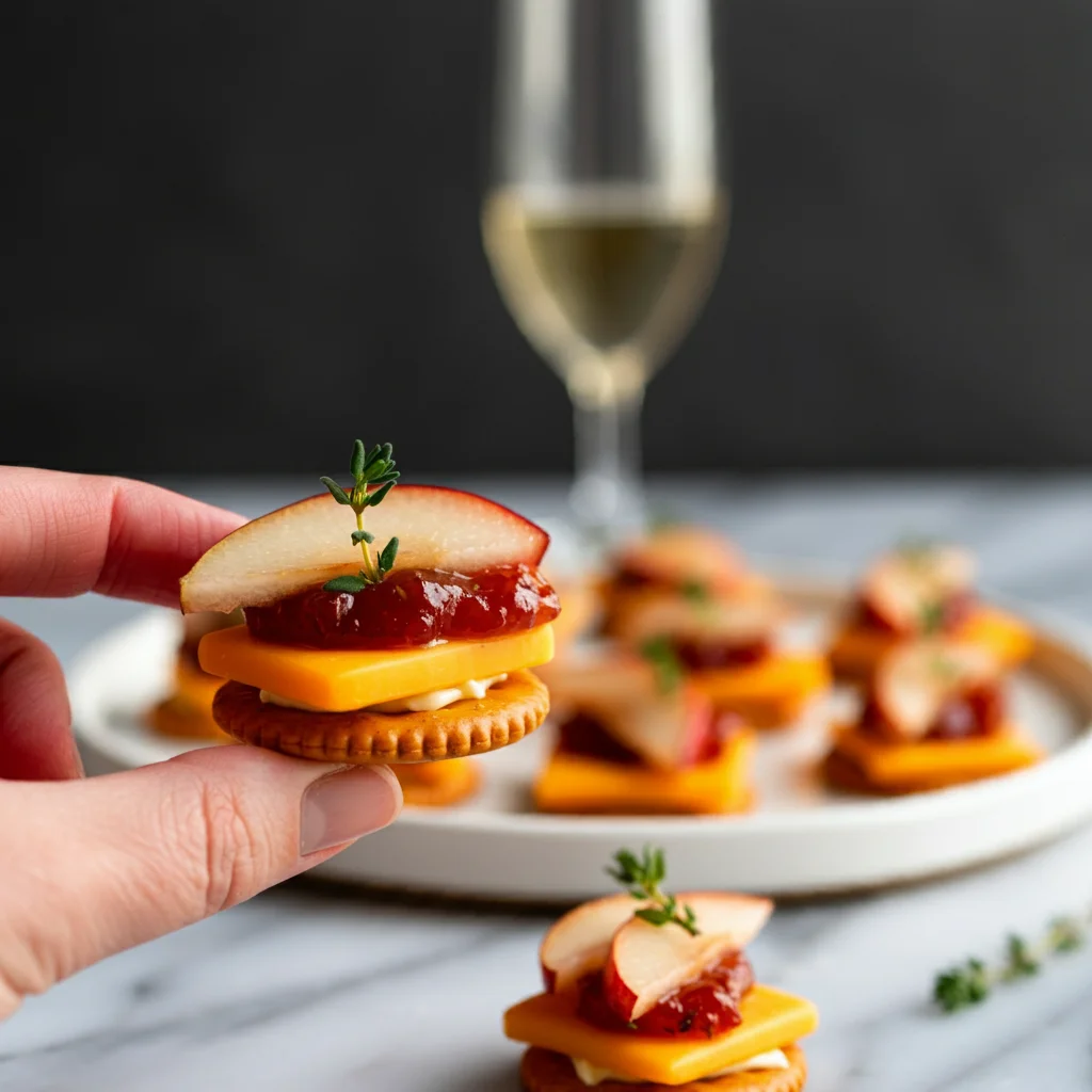 Spicy Pear-And-Cheddar Bites Hand holding a Spicy Pear-And-Cheddar Bite, with layered toppings of cheese, pear, and jelly, and remaining bites on a white plate in the background.