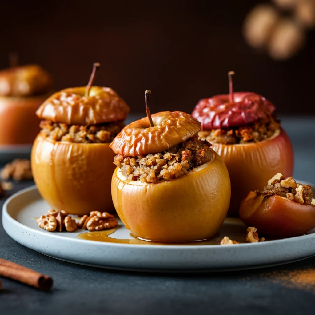 WW Baked Oat & Walnut-Stuffed Apple Hand holding a baked oat and walnut-stuffed apple with caramelized filling, remaining apples on a white plate, warm tones in a professional setting.