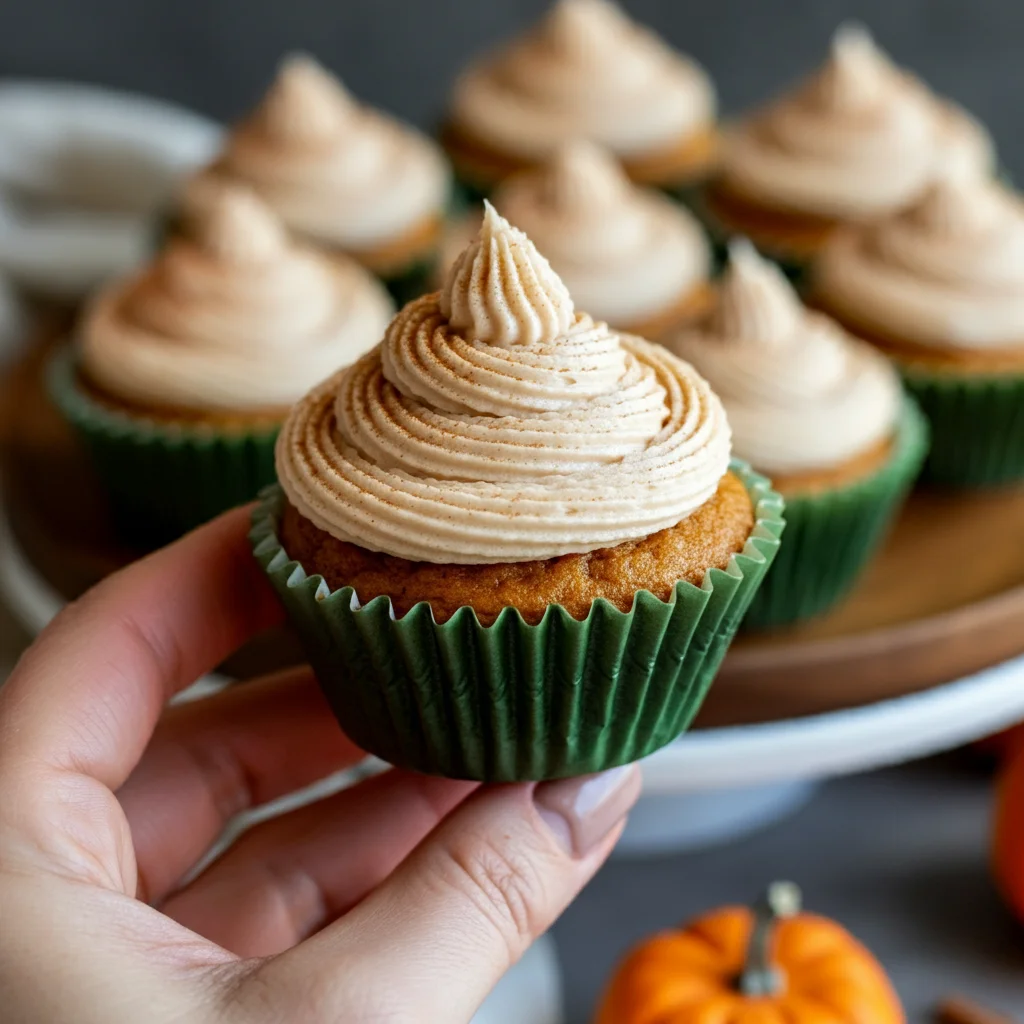 Keto Pumpkin Spice Latte Cupcakes A hand holding a frosted Keto Pumpkin Spice Latte Cupcake, with more cupcakes on a plate in the blurred background styled with fall props.
