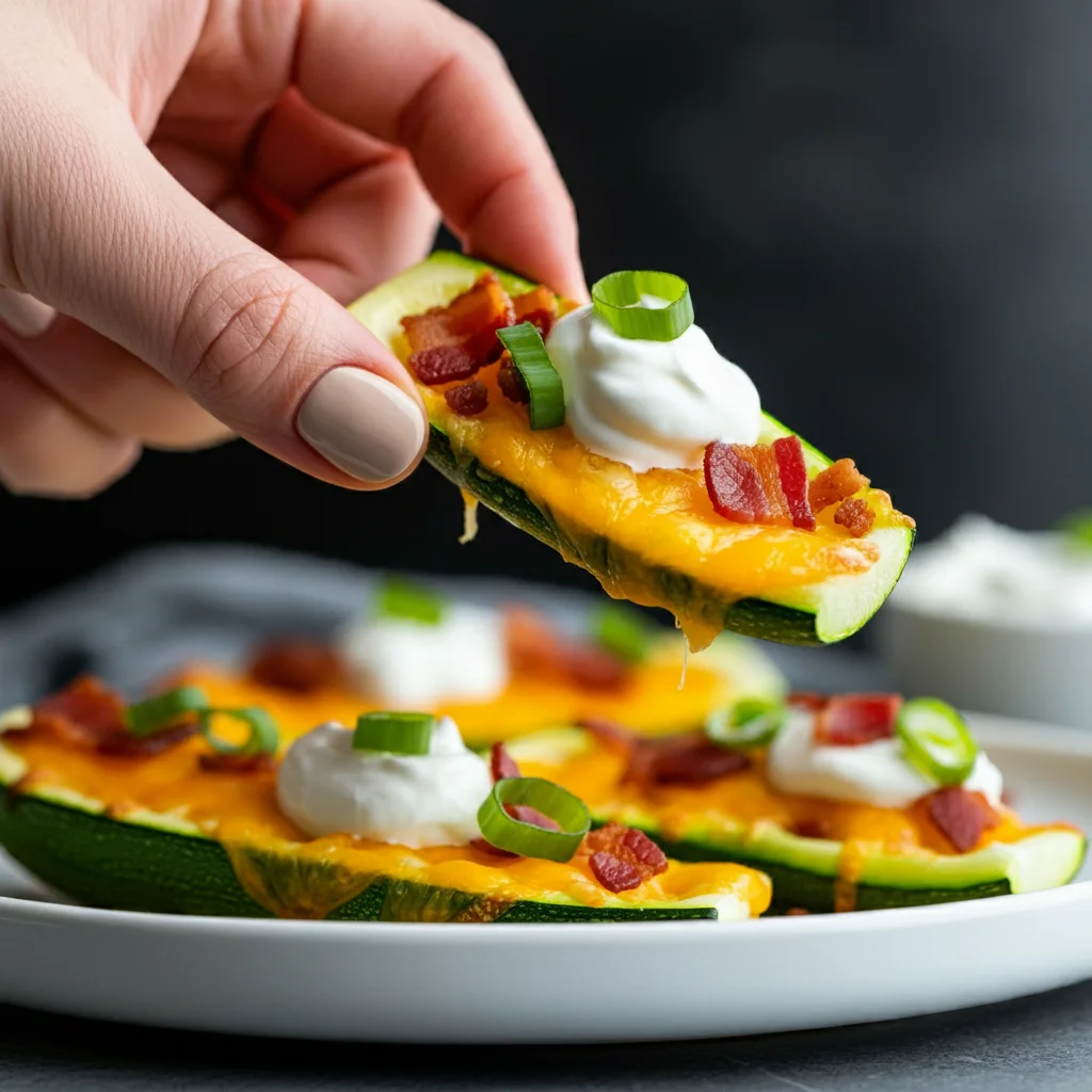 Keto Loaded Zucchini Skins Hand holding a Keto Loaded Zucchini Skin with cheese, bacon, and sour cream, over a plate of zucchini skins in a modern kitchen.