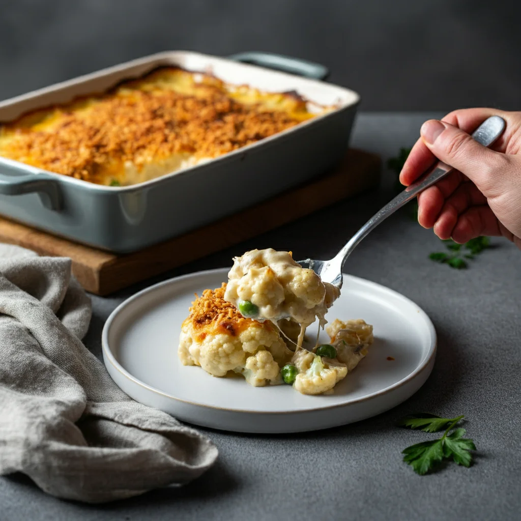 WW Cauliflower Gratin with Crispy Panko Topping Hand holding a spoon serving cheesy cauliflower gratin onto a white plate with the dish in the background.