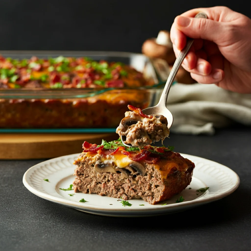 Savory Mushroom Swiss Bacon Meatloaf Professional photo of a slice of Mushroom Swiss Bacon Meatloaf Casserole on a white plate with a hand holding a spoon.