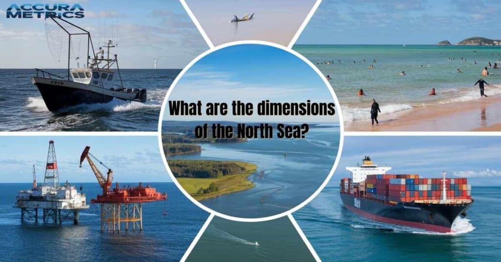 Collage showcasing key aspects of the North Sea, including fishing, energy, shipping, and geography.