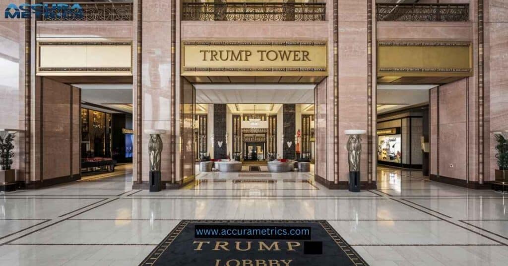 lobby with polished marble floors gold accents and an open layout leading into the atrium and retail spaces.