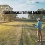 Surveyor measuring land boundaries using digital tools in an open field.