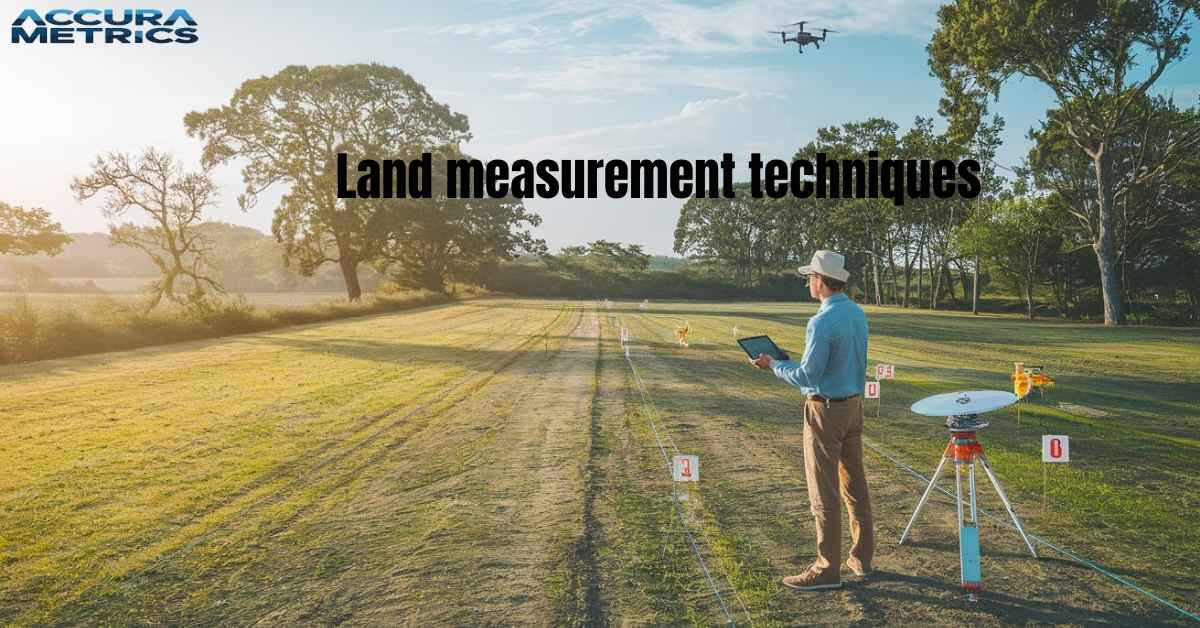 Surveyor measuring land boundaries using digital tools in an open field.