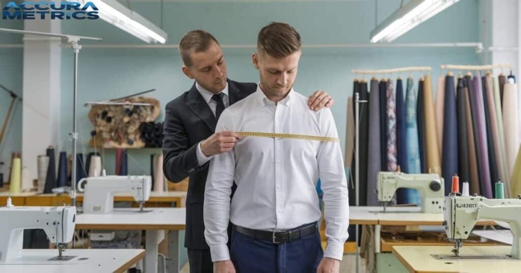 Tailor measuring waist size for clothing measurements.