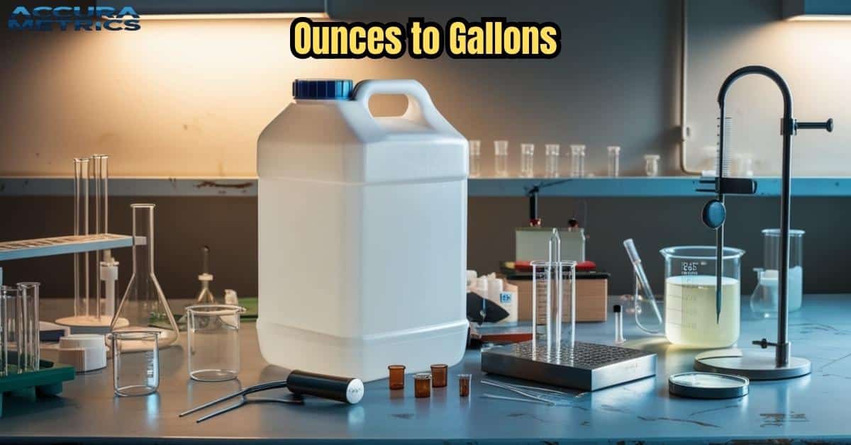 Laboratory tools illustrating ounces to gallons conversion