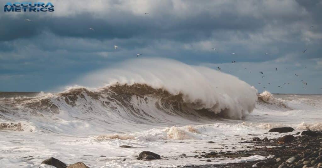 A wave crashing along the shore.