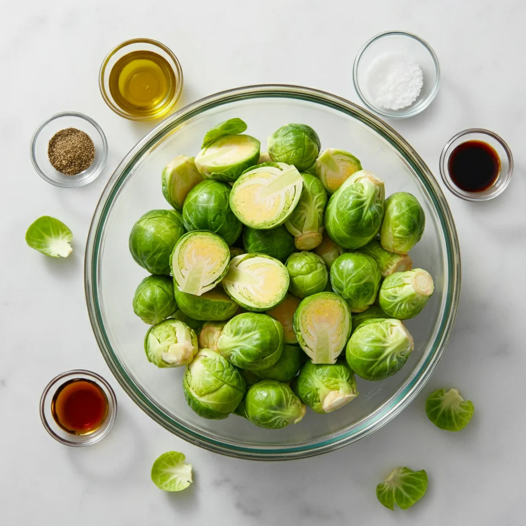 Roasted Brussels Sprouts with Balsamic Glaze Halved Brussels sprouts in a glass bowl with olive oil, balsamic glaze, salt, and pepper in small bowls on a marble countertop.