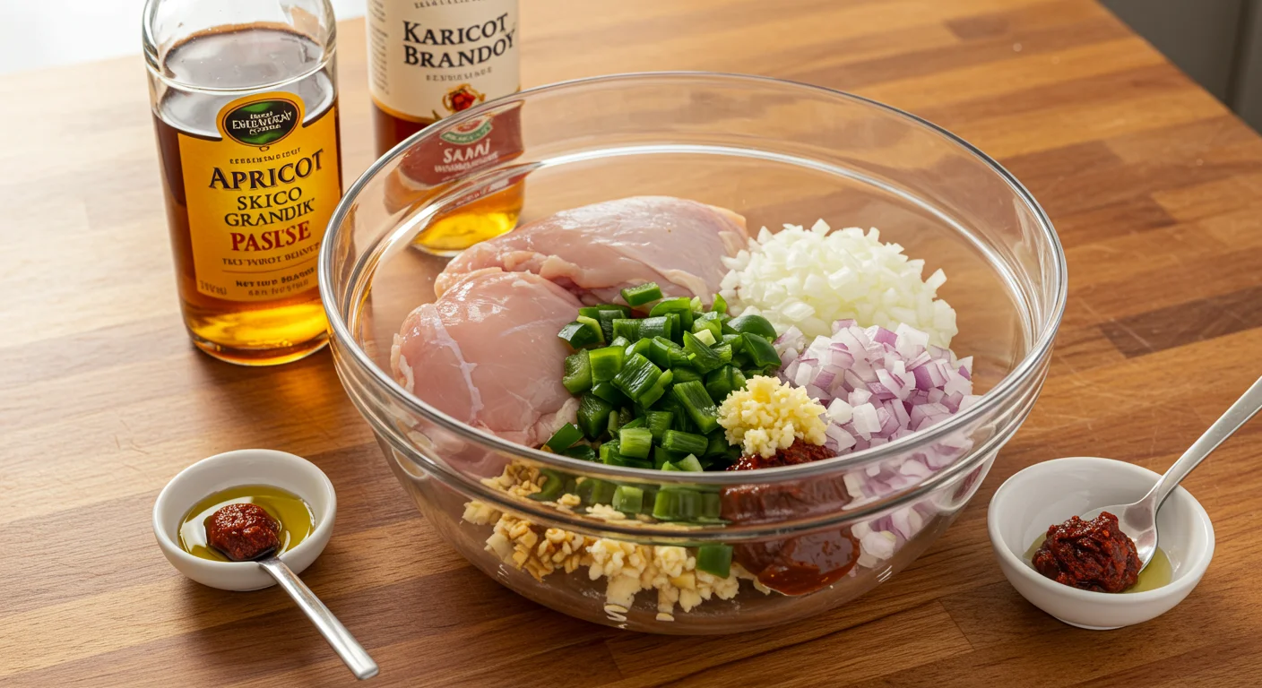 keto Fiery Sweet Chicken Thighs Glass bowl with chicken thighs, peppers, onions, and garlic, surrounded by small bowls of sauces on a wooden countertop in natural light.