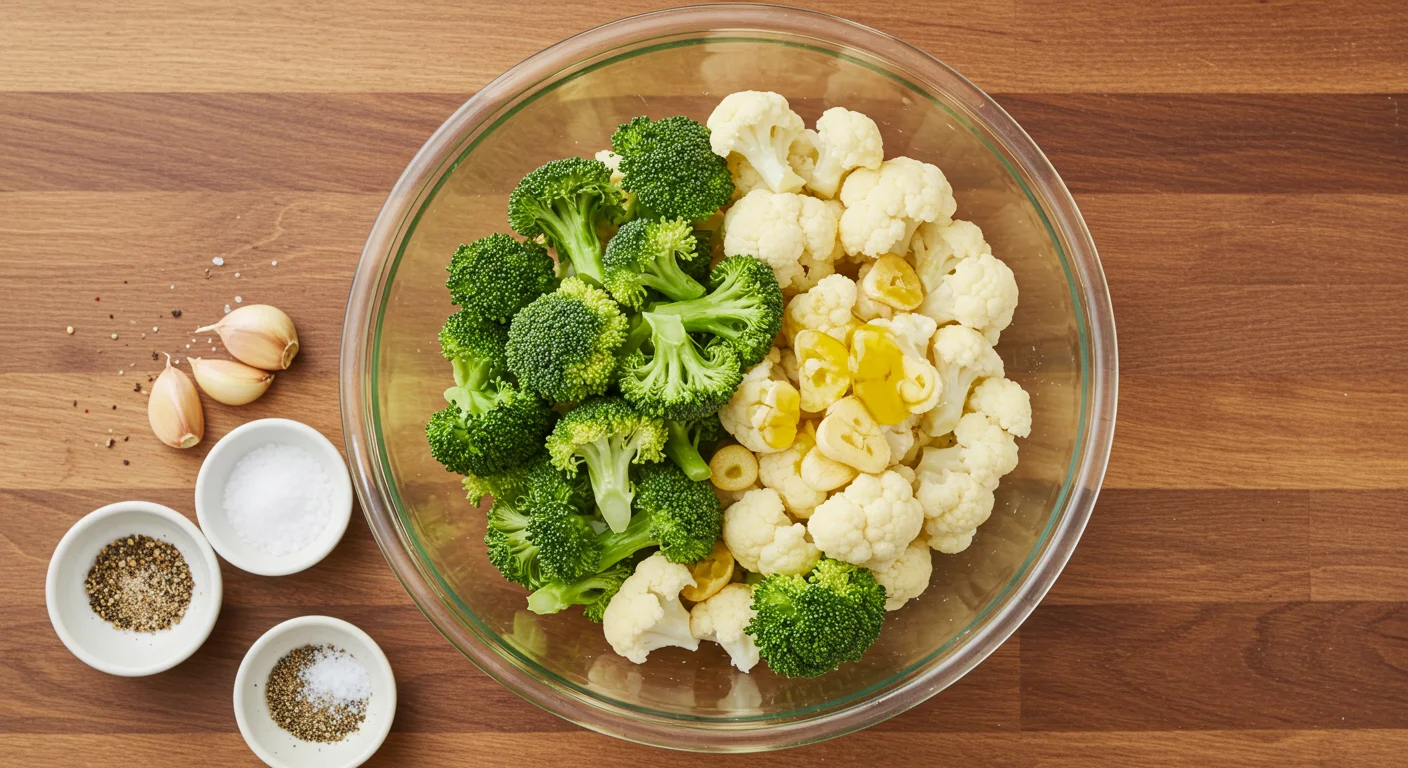 keto Roasted Broccoli and Cauliflower Glass bowl with fresh broccoli, cauliflower, garlic, olive oil, salt, and pepper on a wooden countertop.