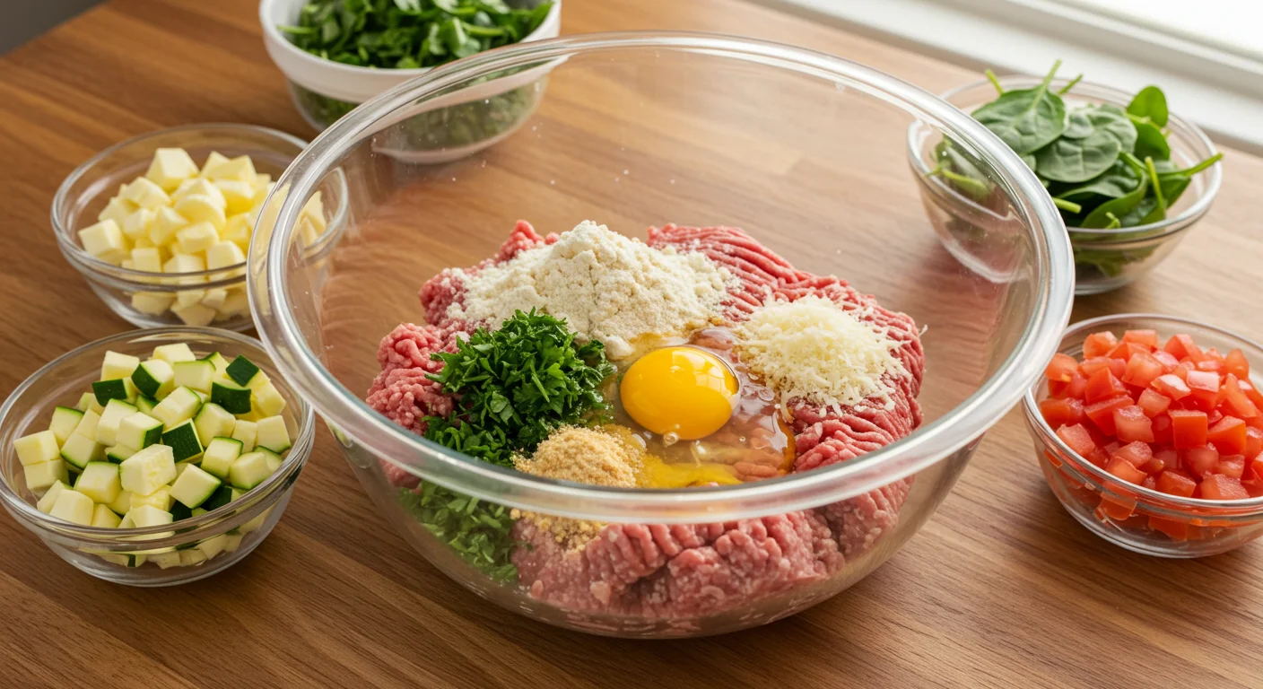 keto Meatball Soup Glass bowl with ingredients for keto meatball soup, surrounded by small bowls of vegetables on a wooden counter.
