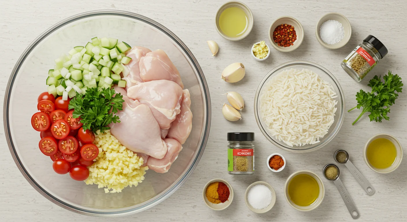 WW One-pot coriander chicken and rice Top-view of raw chicken, basmati rice, chopped onions, tomatoes, cucumbers, parsley, and spices in a clear glass bowl on a kitchen counter.