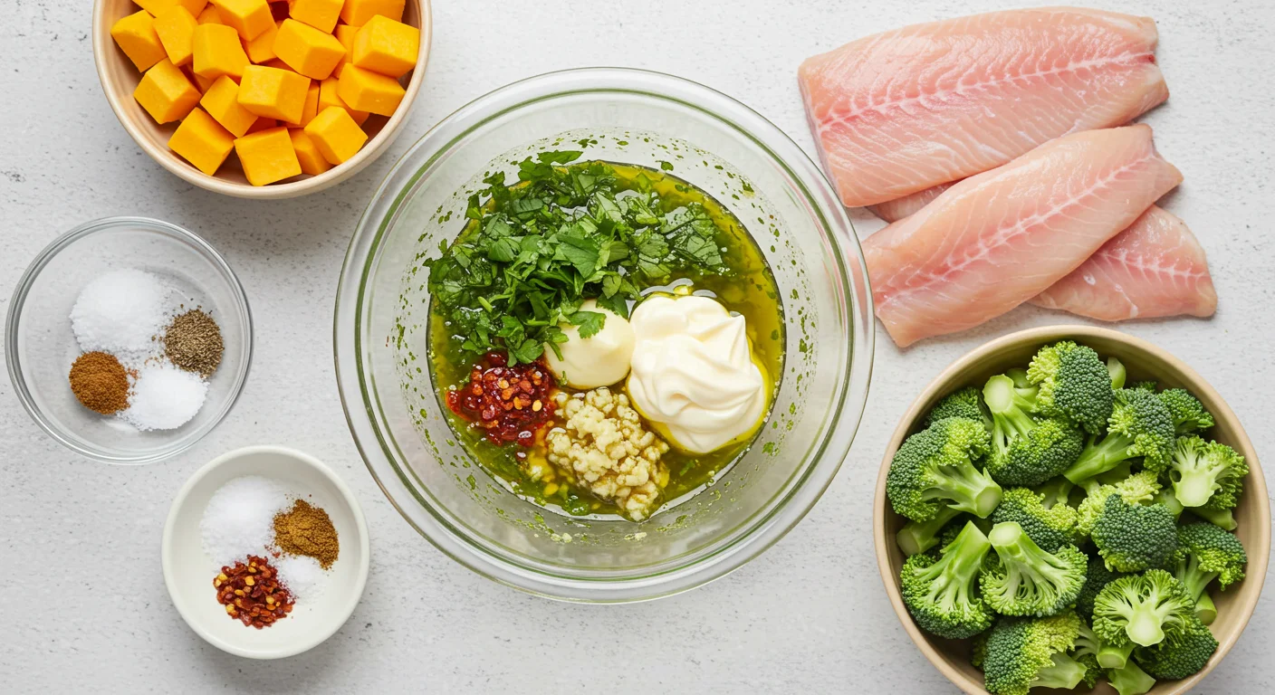WW Chimichurri-Arctic Char & Vegetables Glass bowl with green chimichurri sauce surrounded by bowls of sliced delicata squash, Arctic char fillets, baby broccoli, and spices on a white countertop.