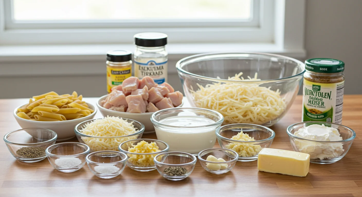 WW Chicken Alfredo Ingredients for WW Chicken Alfredo in glass bowls on a kitchen counter, including pasta, chicken, cheeses, garlic, cream, butter, and seasonings, lit by natural light.