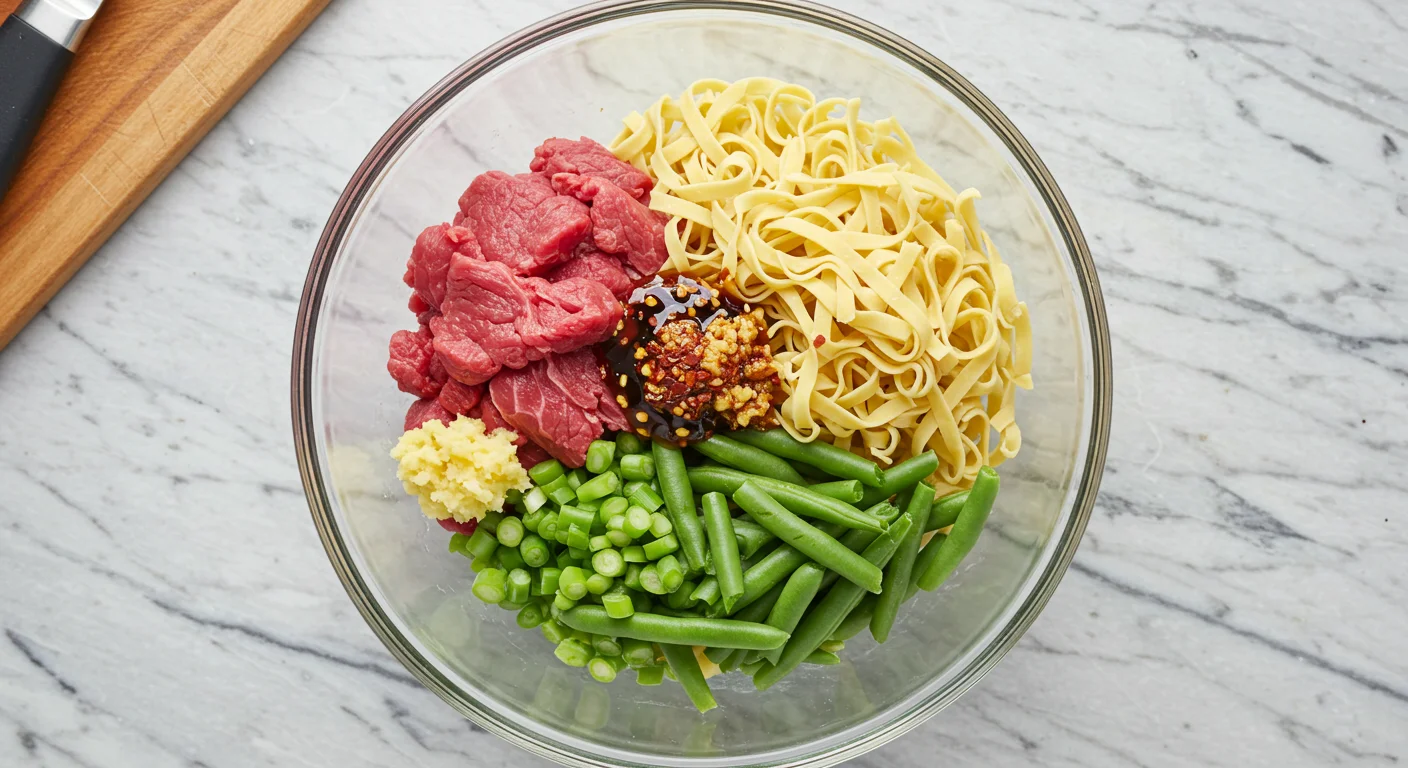 WW Teriyaki noodle beef stir-fry Ingredients for WW Teriyaki Noodle Beef Stir-Fry in a glass bowl: sliced beef, noodles, green beans, ginger, chili flakes, and teriyaki sauce on a kitchen counter.