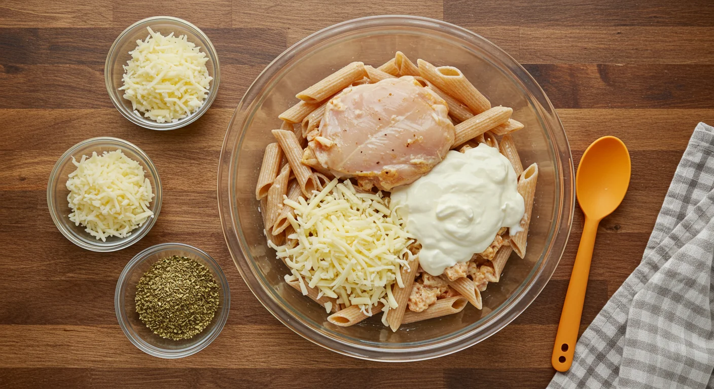 WW Chicken Parmesan Casserole WW Skinny Chicken Parmesan Casserole ingredients in a glass bowl with pasta, chicken, sauce, cheese, and seasonings on a wooden countertop.