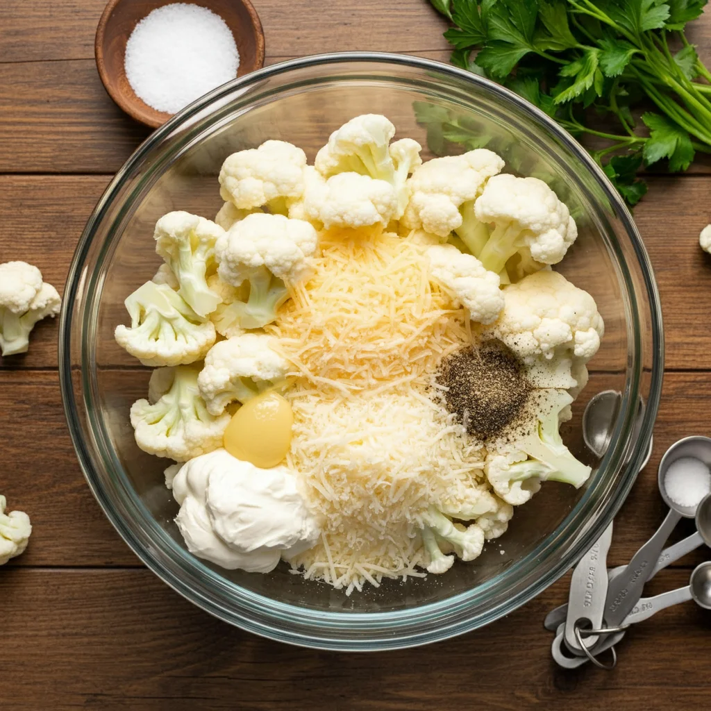 WW Garlic Mashed Cauliflower Ingredients for WW Garlic Mashed Cauliflower in a glass bowl, including cauliflower, Parmesan, garlic, cream cheese, olive oil, salt, and pepper, on a wooden countertop.