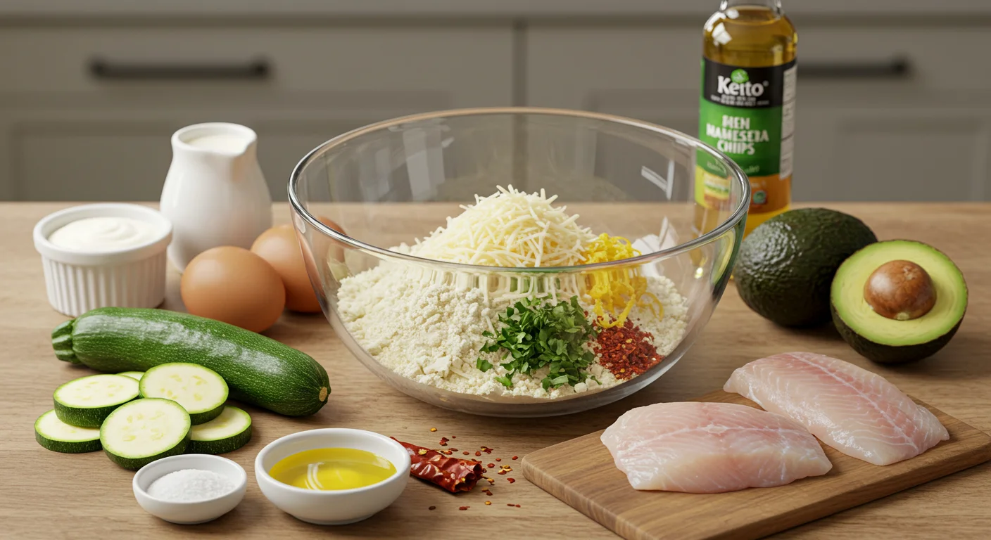 Keto Fish and Chips Keto Fish and Chips ingredients in a glass bowl with almond flour, parmesan, lemon zest, and parsley, surrounded by eggs, cream, zucchini, avocado, and fish fillets on a kitchen counter.